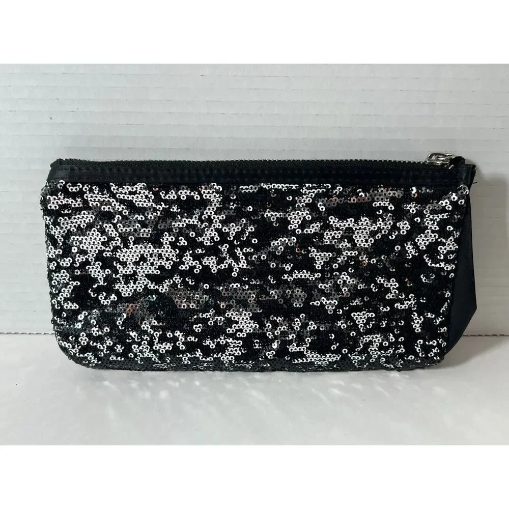 Victoria's Secret Black Sequins Elegant Clutch Purse Makeup Bag Zipper Pouch